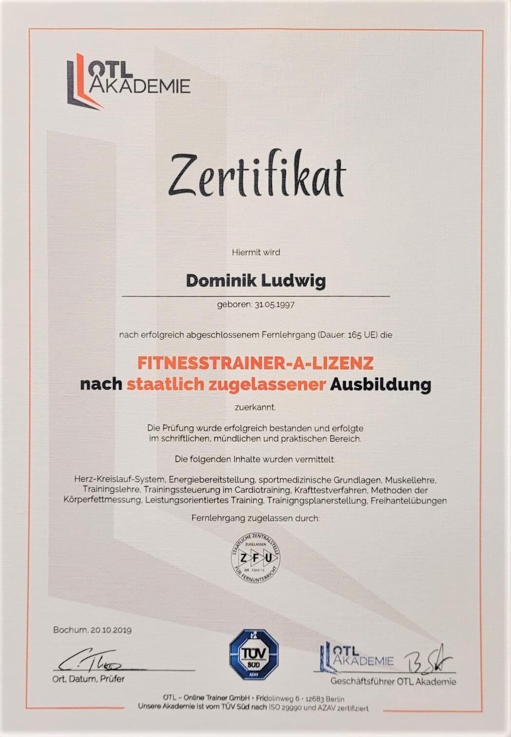 Zertifikat Fitnesstrainer A-Lizenz