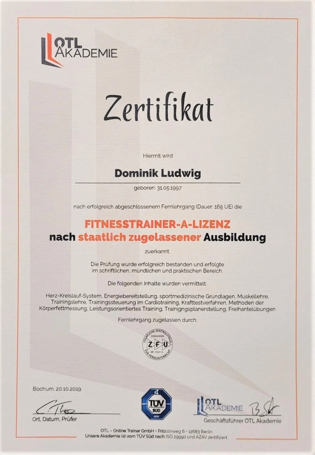 Zertifikat Fitnesstrainer A-Lizenz