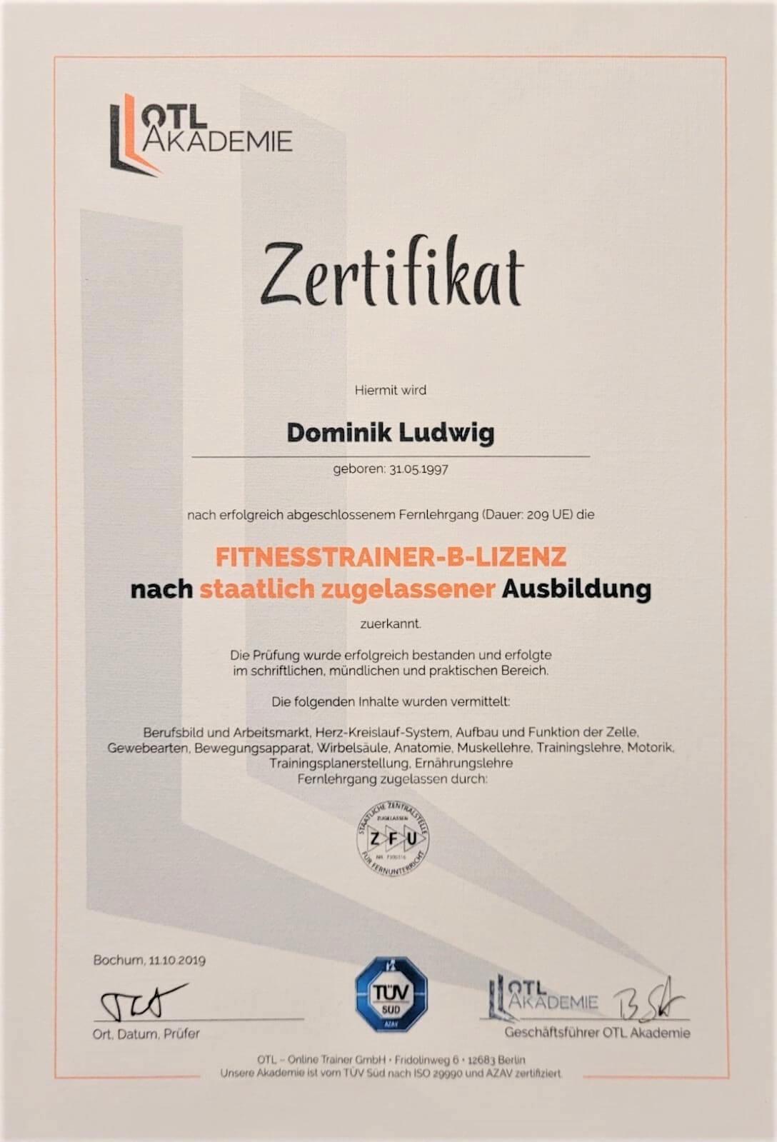 Zertifikat Fitnesstrainer A-Lizenz