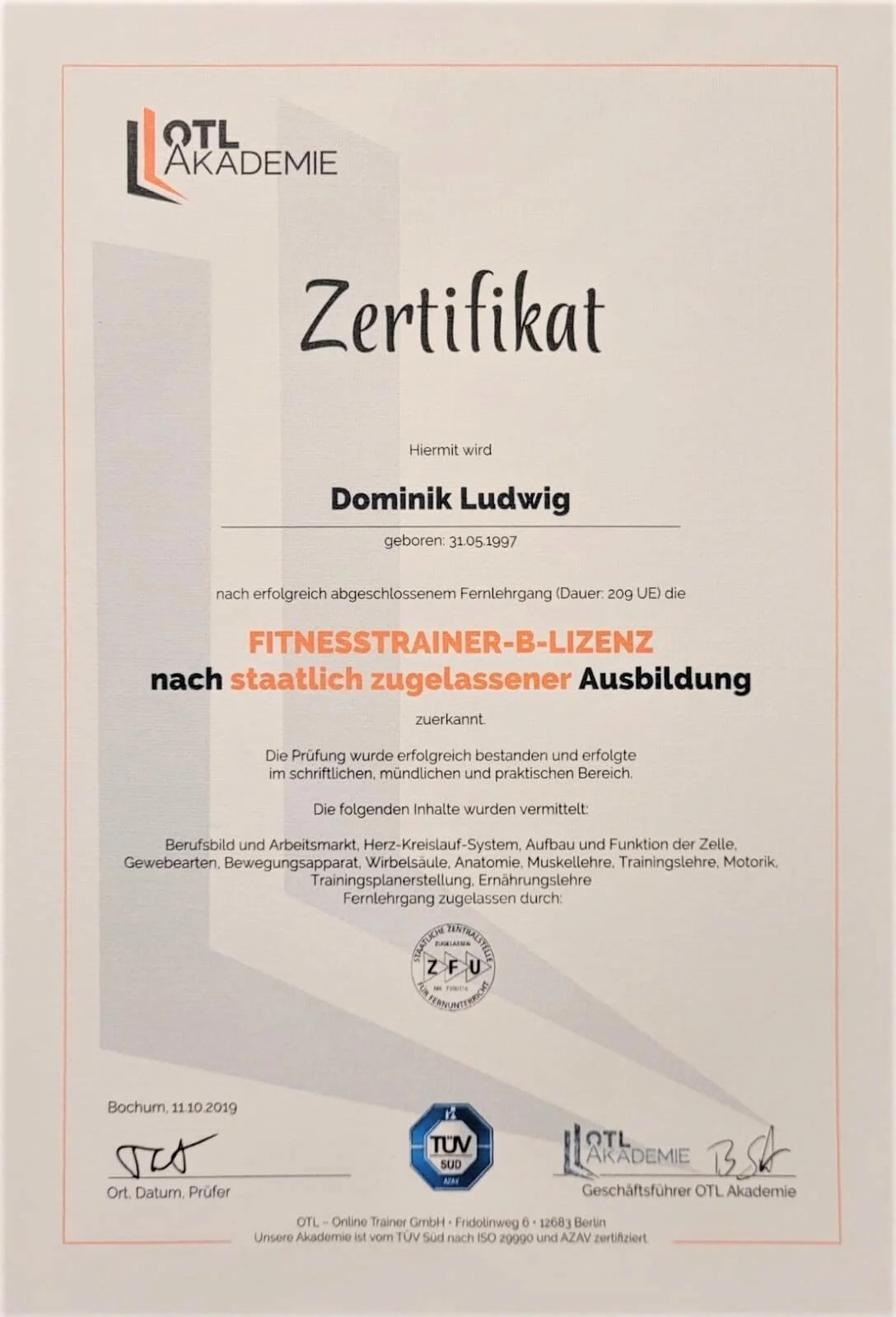 Zertifikat Fitnesstrainer A-Lizenz