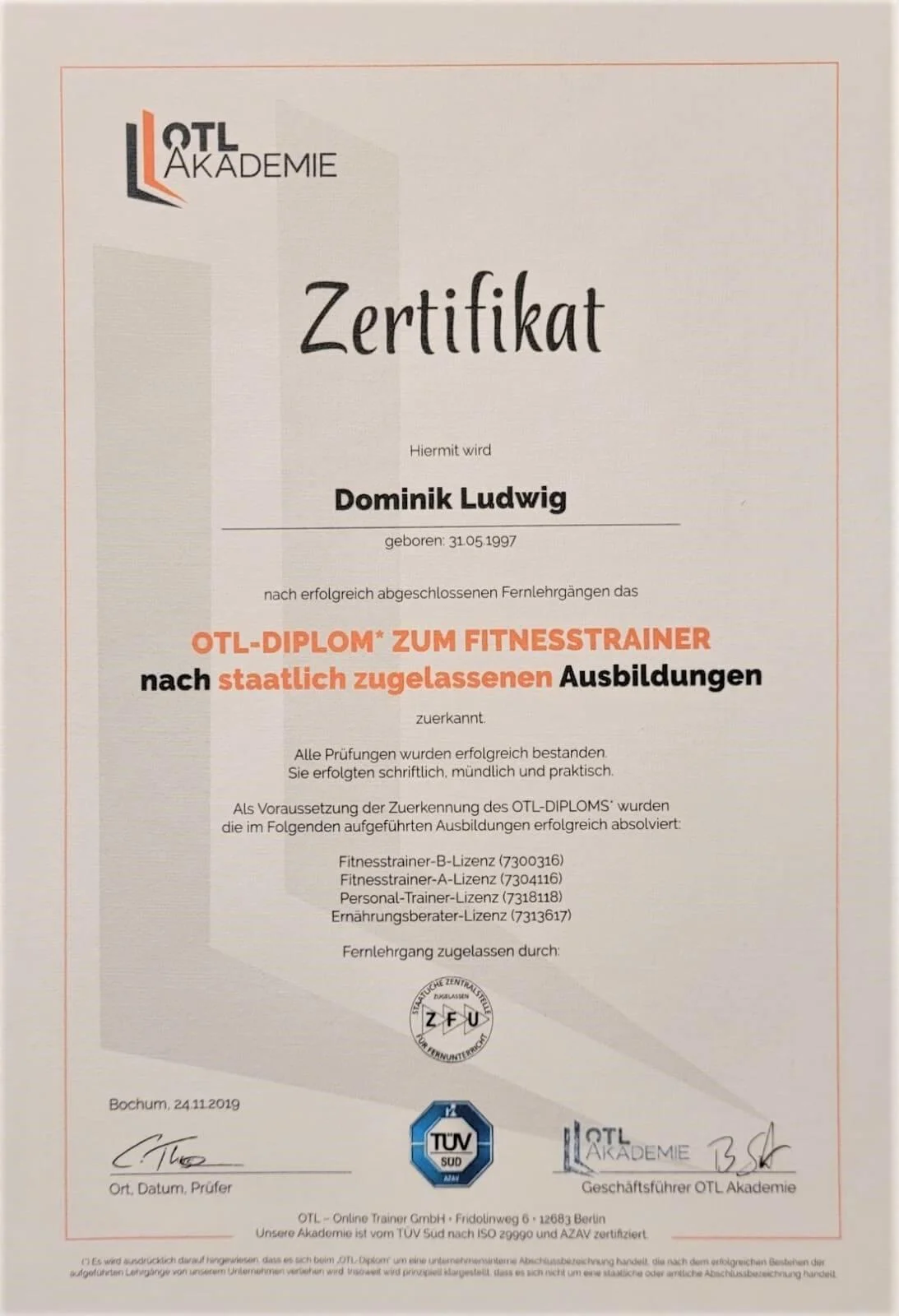 Zertifikat Fitnesstrainer Diplom