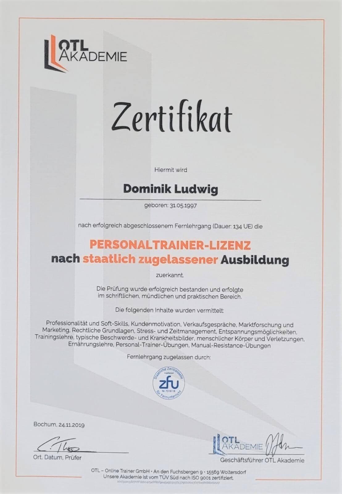 Zertifikat Personal Trainer Lizenz