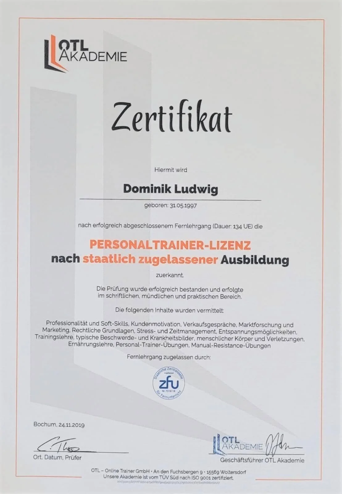 Zertifikat Personal Trainer Lizenz